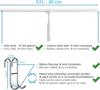 cocofy Duschabzieher schwarz matt breit XXL 45 cm ohne Bohren für Dusche, Fliesen mit Haken, Ersatzg