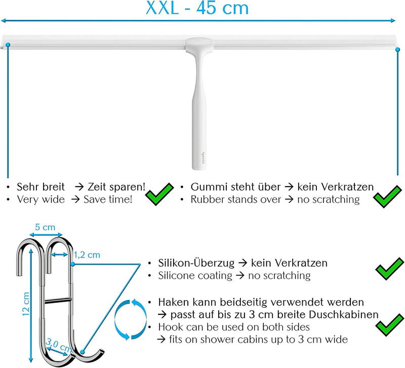 cocofy Duschabzieher schwarz matt breit XXL 45 cm ohne Bohren für Dusche, Fliesen mit Haken, Ersatzg