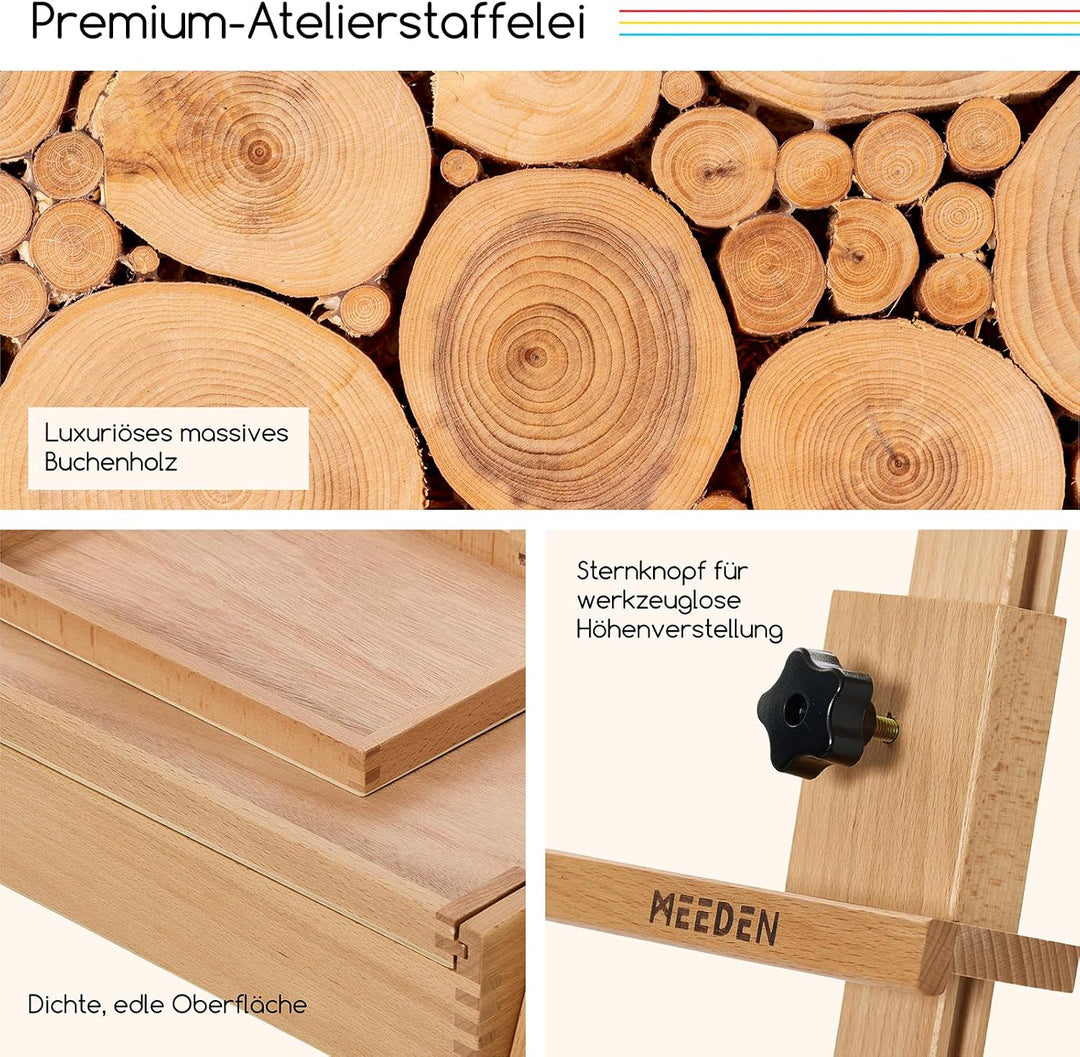 MEEDEN Staffelei Holz Gross mit Stauraum: Verstellbare Künstlerstaffelei aus Massivem Buchenholz - H