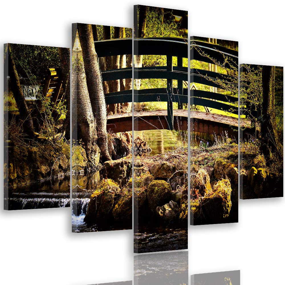 Feeby Leinwandbild 5 Teilig Landschaft Bild Wanddeko Brücke Bächlein Steine gelb 200x100 cm Leinwand