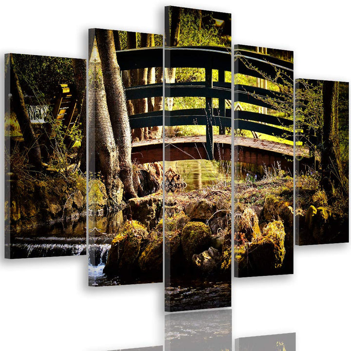 Feeby Leinwandbild 5 Teilig Landschaft Bild Wanddeko Brücke Bächlein Steine gelb 200x100 cm Leinwand