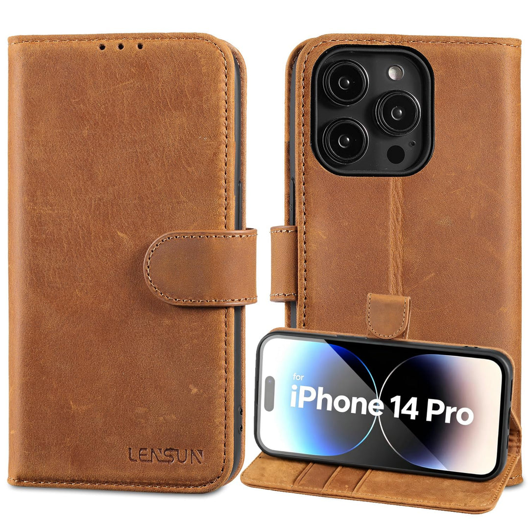 LENSUN Echtleder Hülle für iPhone 14 Pro, Handyhülle [Echtes Leder][Magnetverschluss][RFID Schutz] H