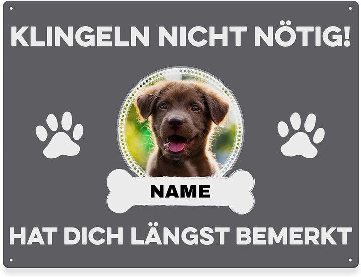 Hunde Schild personalisiert - Klingeln nicht nötig - Metallschild mit Foto und Name für aussen, wett
