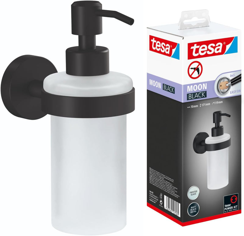 tesa Moon Black Seifenspender, matt schwarz, Pumpspender aus satiniertem Glas, 200 ml - für Bäder im