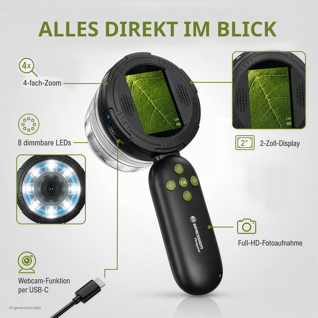 Bresser Digitales Handmikroskop für Kinder & Eltern 10× optisch/bis 40× digital, 8 dimmbare LEDs, Fo