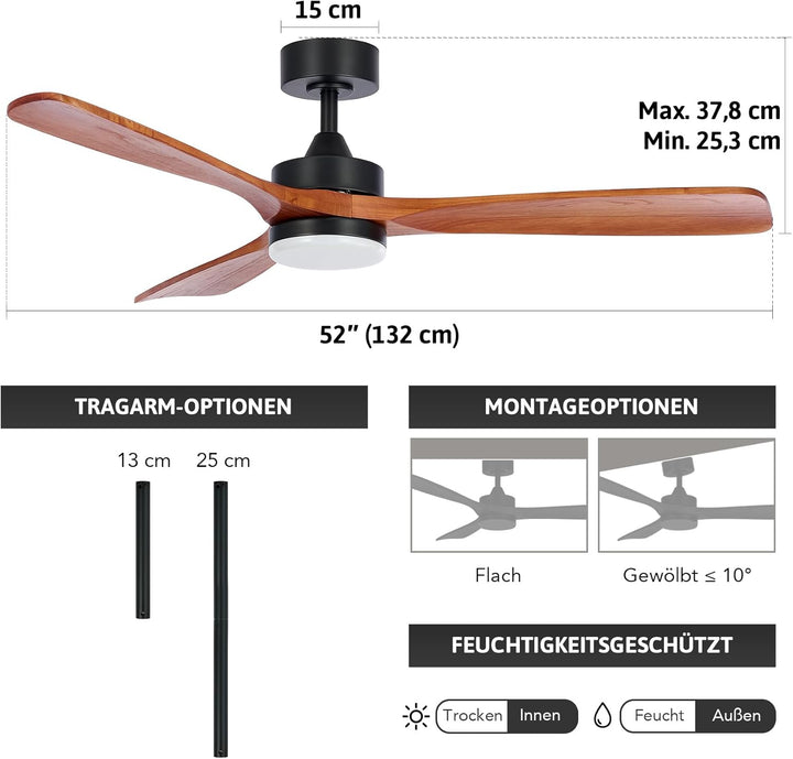 VONLUCE Deckenventilator mit Fernbedienung 52 Zoll Holz Ventilator LED-Leuchte Sommer&Winter-Betrieb