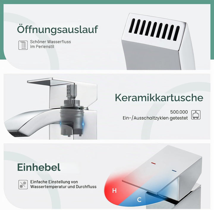 CREA Wasserfall Wasserhahn Bad,Waschtischarmatur Chrom mit Keramikventil, Mischbatterie Waschbecken