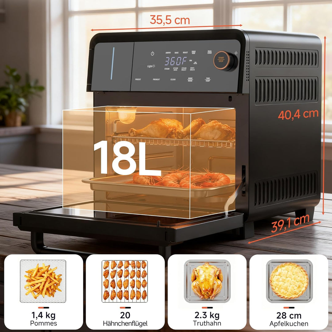 OUNIN 18L Multifunktionsbackofen, 11-in-1 Dampfbackofen und Heissluftfritteuse, Zweigaren, 360° Umlu