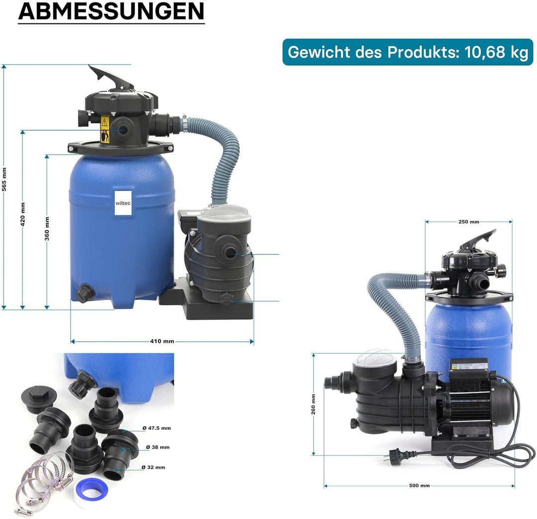 Wiltec Sandfilteranlage 250 W mit 14l Filtertank und selbstansaugender Pumpe 10000 l/h, Sandfilterpu