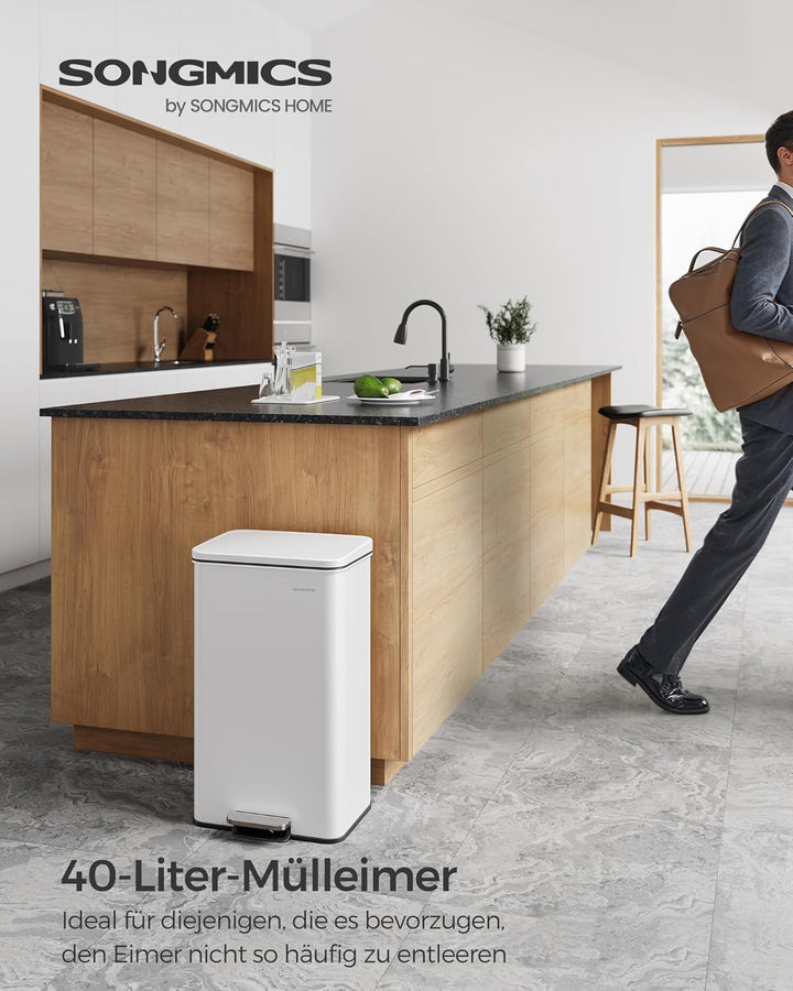 SONGMICS Mülleimer Küche, 40 Liter Abfalleimer, grosser Tretmülleimer, mit Deckel, aus Stahl, Softcl