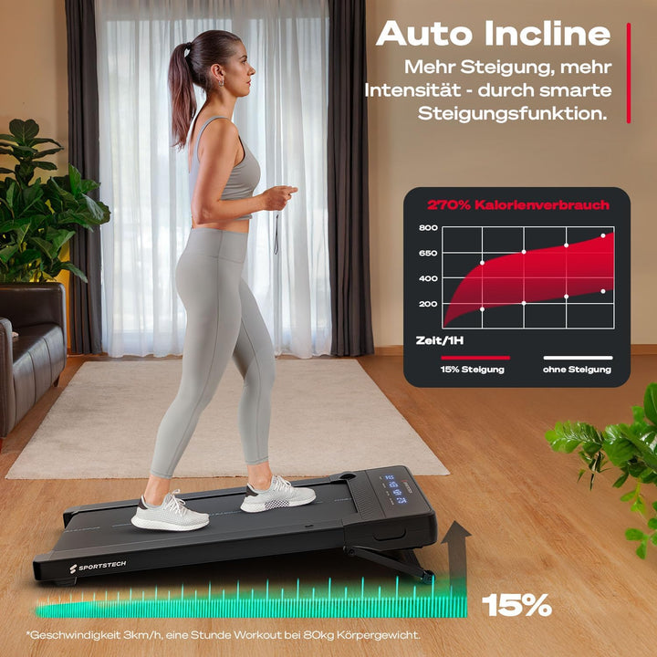 Sportstech Walking Pad, automatische Steigung bis 19%, Laufband für Zuhause und Schreibtisch, LED-Di