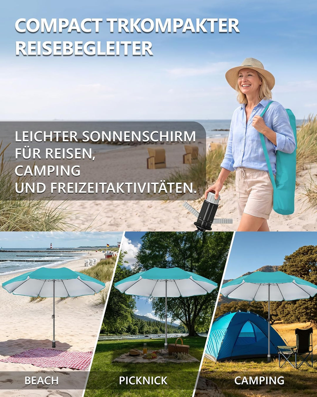 4smile Sonnenschirm Strand SunnyJoy Ø 200 cm, 3er Set - Strandschirm mit UV Schutz 50+, inkl. Sonnen