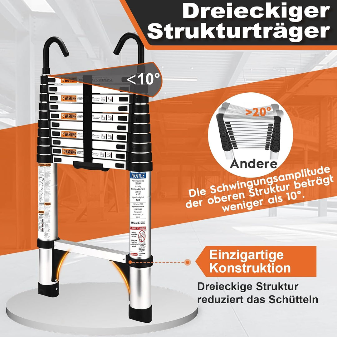 HBTower 3,2m Teleskopleiter Aluminium mit Haken, Leichte Ausziehleiter, Leiter Ausziehbar, klappbare