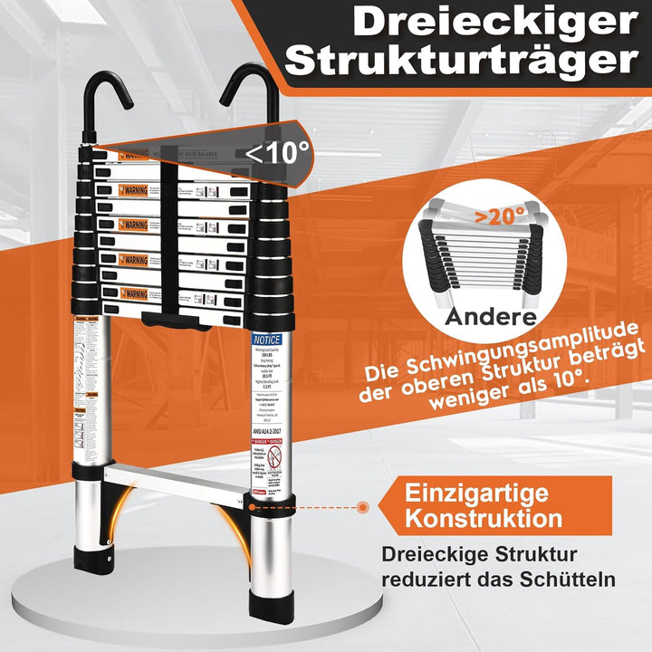 HBTower 3,2m Teleskopleiter Aluminium mit Haken, Leichte Ausziehleiter, Leiter Ausziehbar, klappbare