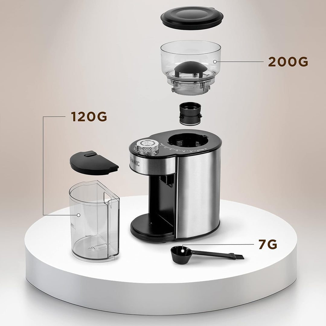 Duronic BG200 Elektrische Kegelmühle, 200 W Kaffeemühle mit Mahlwerk, 200 g Kaffeebohnen, Mahlgrad v