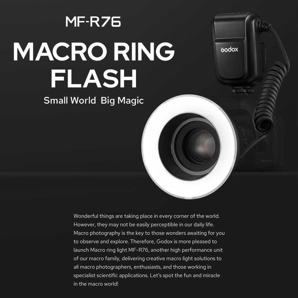 Godox MF-R76 Macro Ring Blitzlicht GN14 10 Stufen einstellbare Helligkeit mit 8 Stück Adapterring Gr