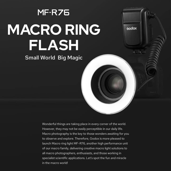 Godox MF-R76 Macro Ring Blitzlicht GN14 10 Stufen einstellbare Helligkeit mit 8 Stück Adapterring Gr