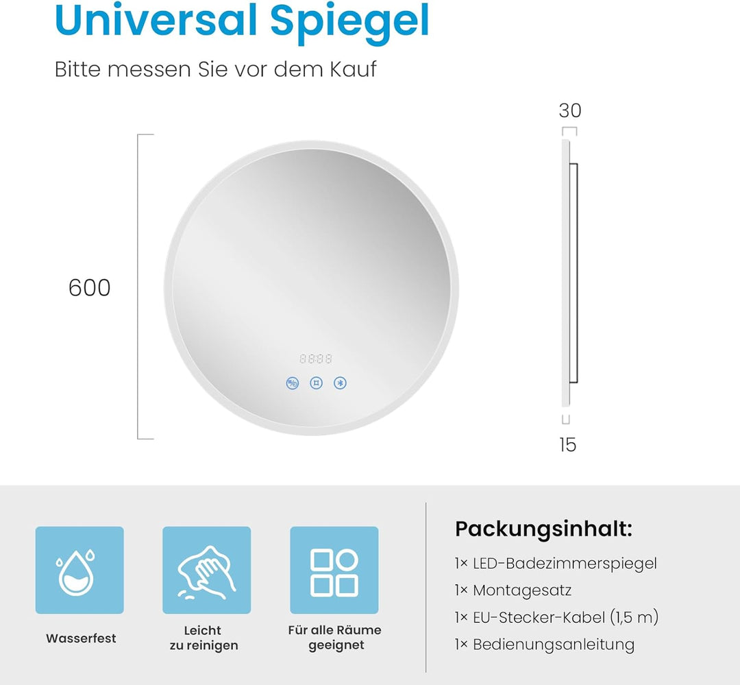 Heilmetz LED Badspiegel Rund 60cm mit Bluetooth Lautsprecher & Acrylrahmen, Badezimmerspiegel mit Be