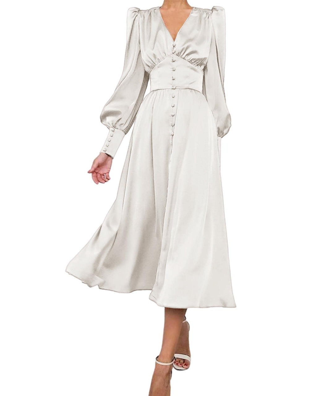 xxxiticat Damen Langarm Satin Maxikleid Lange Laternenärmel Knopfleiste Rüschen Einreihig Vintage Pu