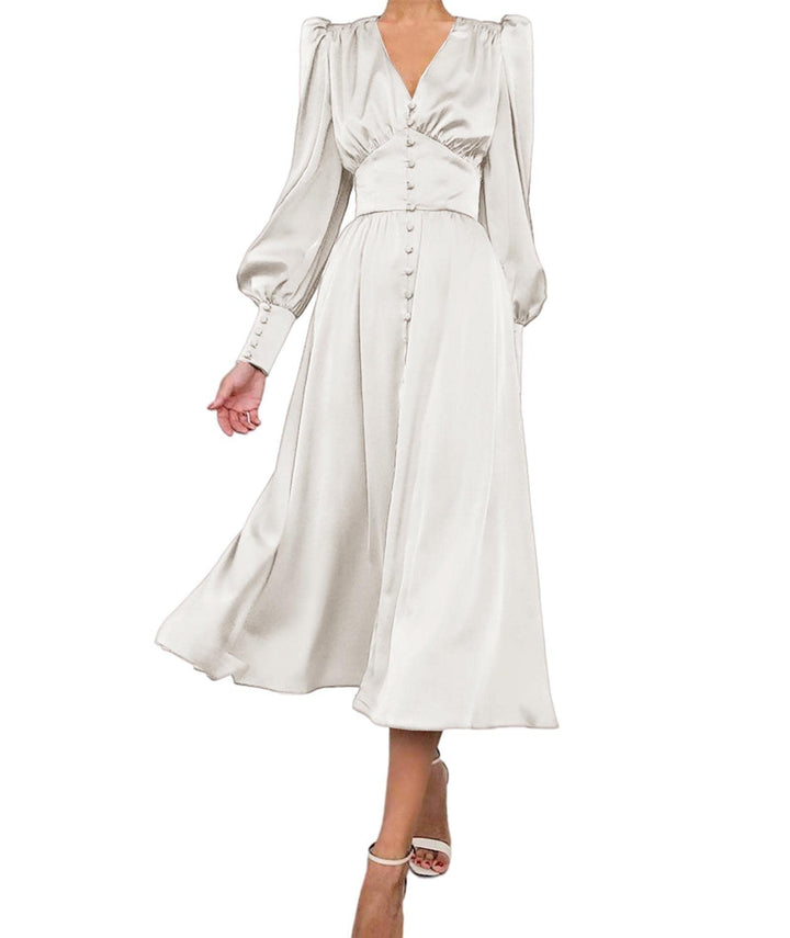 xxxiticat Damen Langarm Satin Maxikleid Lange Laternenärmel Knopfleiste Rüschen Einreihig Vintage Pu