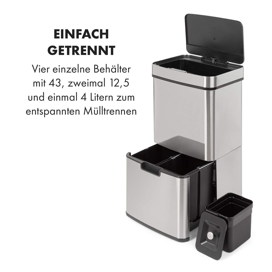 Klarstein Royal Trash Sensor-Mülleimer, 72 L Volumen in 4 Behältern, Restmüll & Recycling-Abfälle: 4