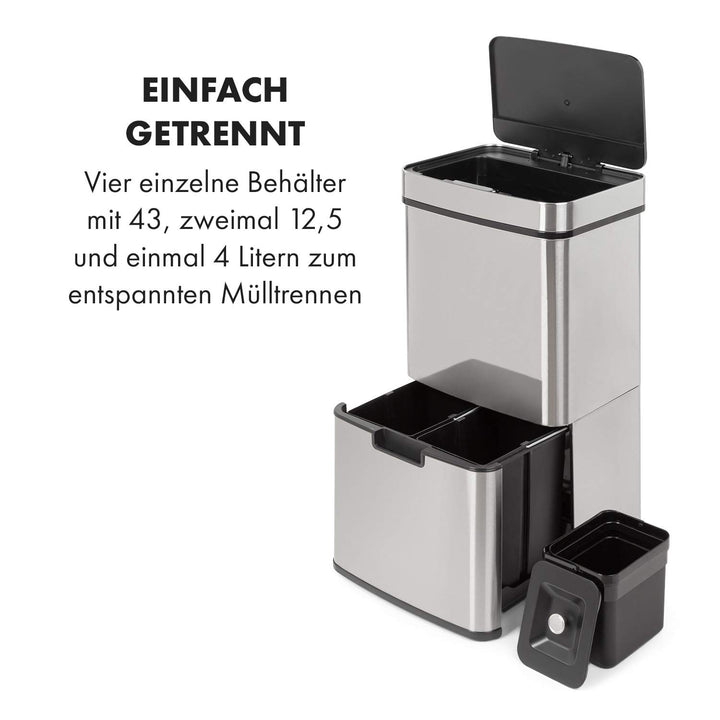 Klarstein Royal Trash Sensor-Mülleimer, 72 L Volumen in 4 Behältern, Restmüll & Recycling-Abfälle: 4