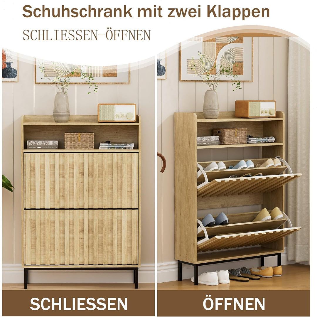 UEV Schuhschrank mit 2 Klappen Schmal, Schuhkipper für Flur Wohnzimmer, Schuhkommode mit Kippschutz,