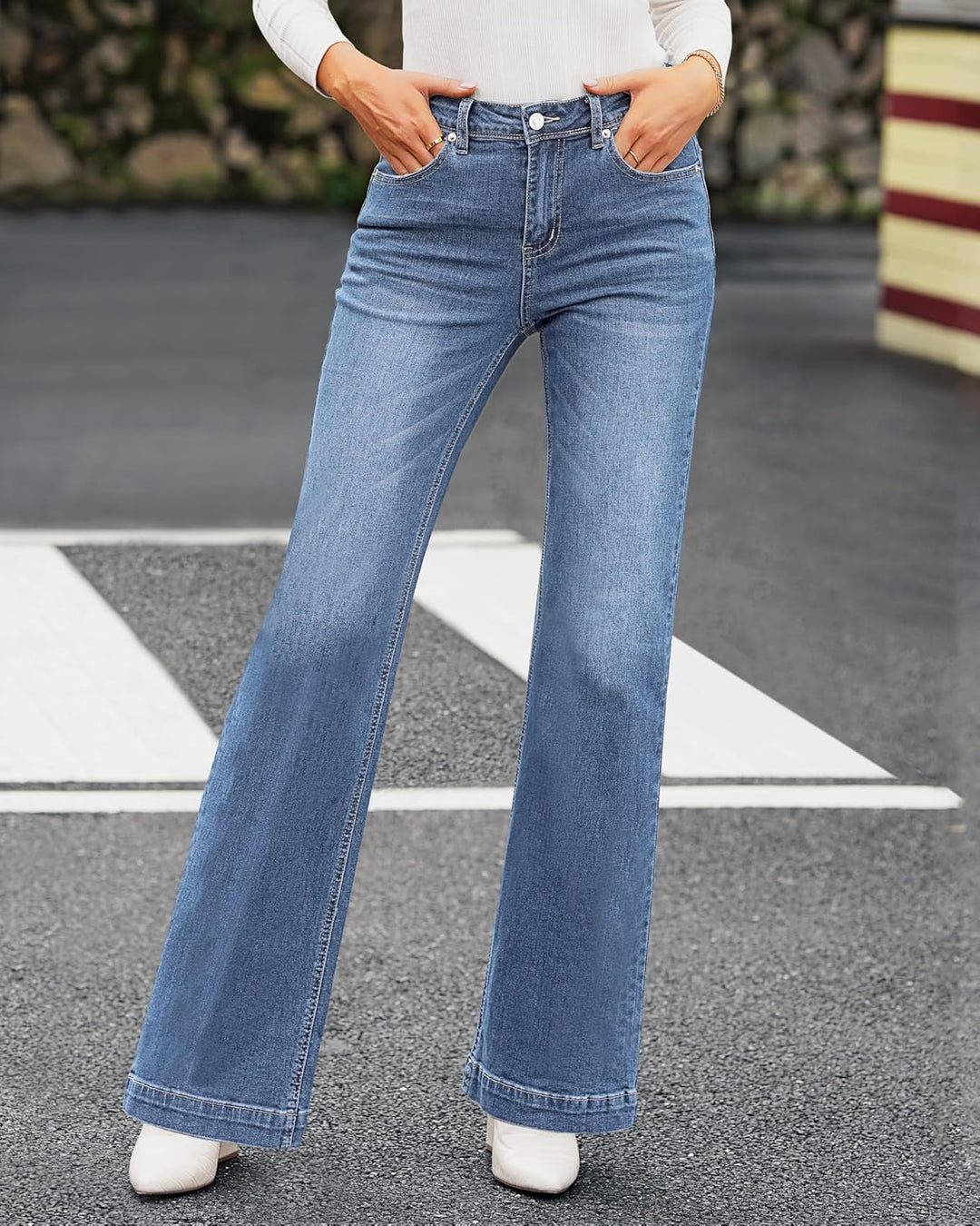 Roskiky Schlaghose Damen Jeans Wide Leg Baggy Jeans Damen High Waist Stretch Hosen Damen Jeans S A-b