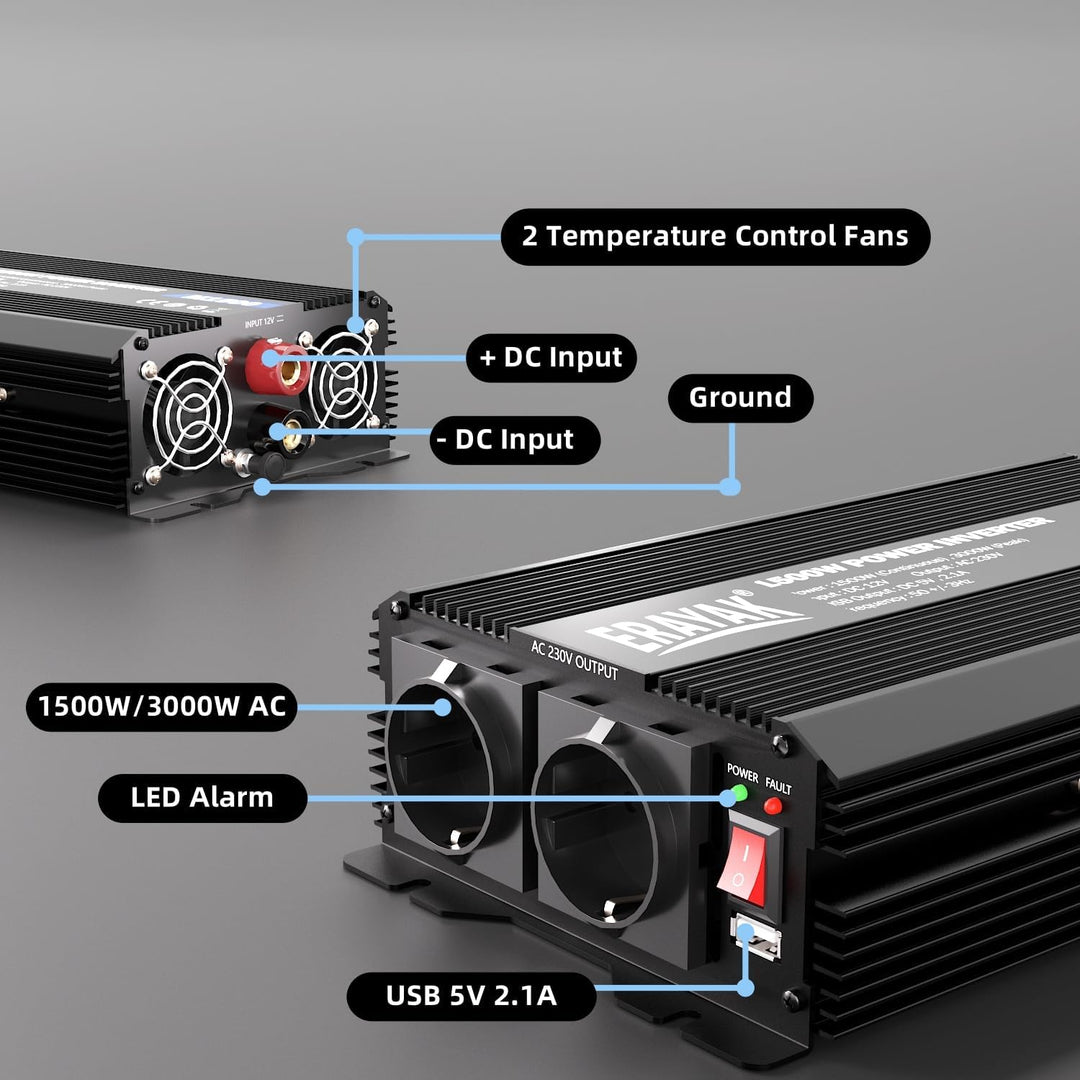 ERAYAK Spannungswandler 12v 230v 1500W/3000W KFZ Wechselrichter Power Solar Inverter DC AC Steckdose