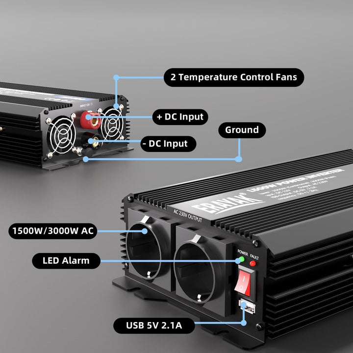 ERAYAK Spannungswandler 12v 230v 1500W/3000W KFZ Wechselrichter Power Solar Inverter DC AC Steckdose