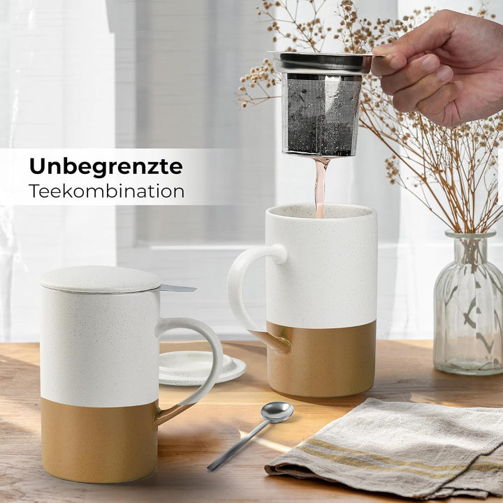 MIAMIO - Tee Tassen Set 2 x 500 ml mit Deckel und Sieb/Keramik Tee Becher mit Teeei und Löffel für d