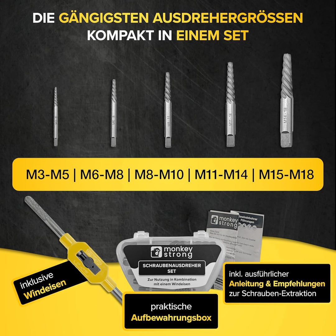 Schraubenausdreher Set [inkl. Windeisen | extra griffig] - 5 tlg. Linksausdreher Set | Ausdreher Set