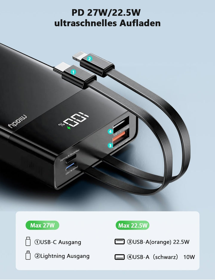 Miady Powerbank 20000mAh, 27W Schnellladen mit Integrietem USB-C Kabel, Externe Handyakkus kompatibe
