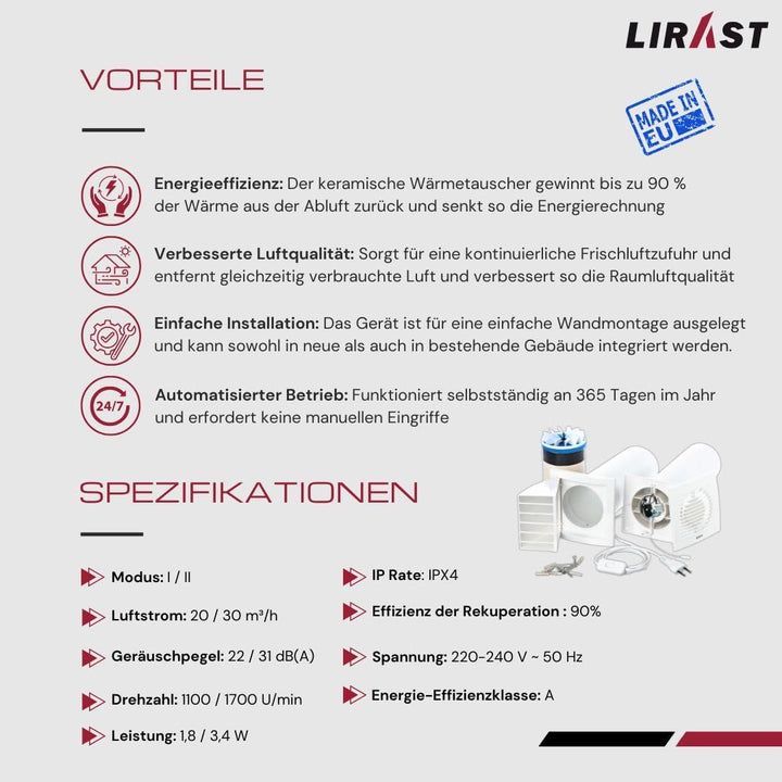 Ø 125mm Dezentrale Wohnraumlüftung mit Wärmerückgewinnung - Mit Kabel und Zugschnur Mit Kabel und Zu