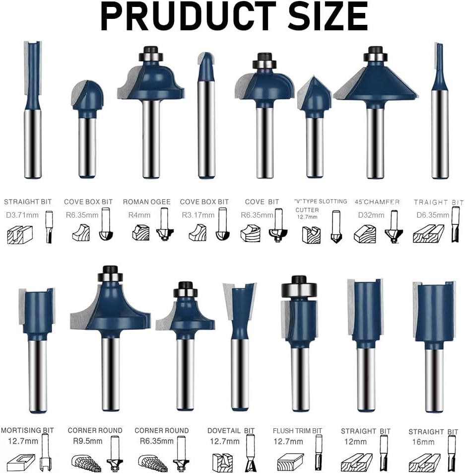 flintronic Fräser-Set, 6.35MM Fräsen Werkzeug Set, 15-tlg Holzkoffer Geschmiedeter Werkzeugstahl Obe