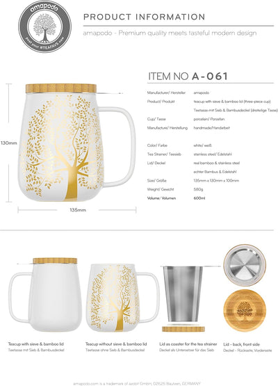 amapodo Teetasse mit Deckel und Sieb - 600ml Porzellan Tee Tasse gross - Jumbotasse - XXL Tea Cup Se