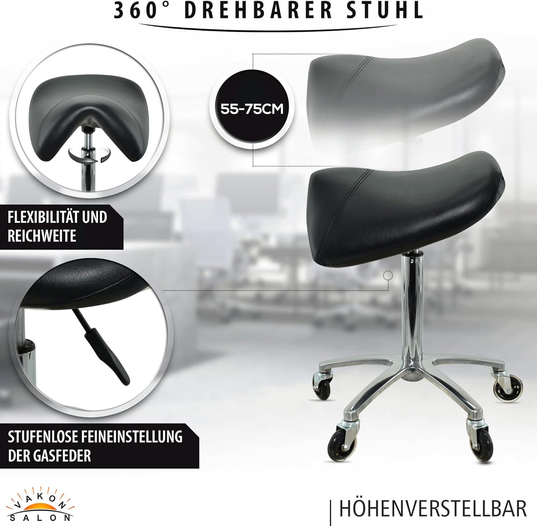 Premium Sattelhocker, Sattelstuhl für Rückenentlastung, Rollhocker höhenverstellbar von 55-75 cm Dre