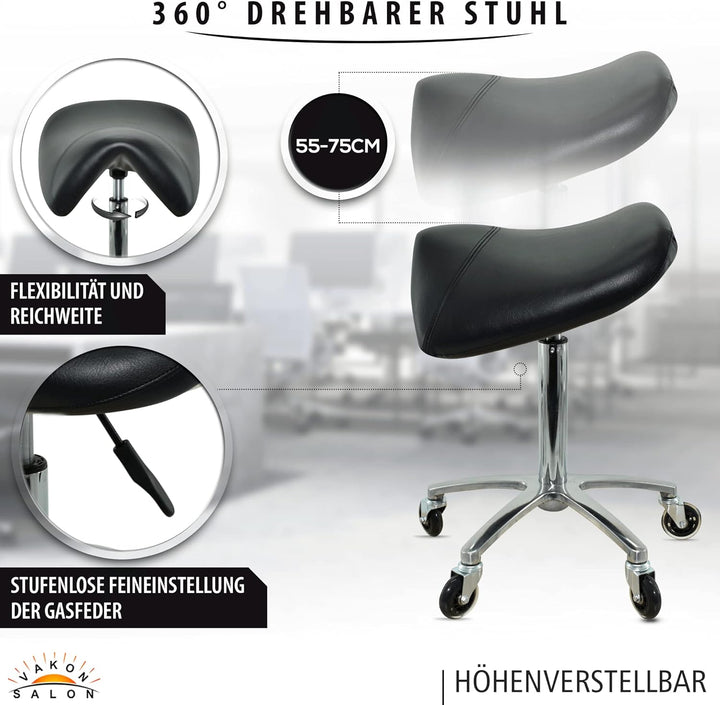 Premium Sattelhocker, Sattelstuhl für Rückenentlastung, Rollhocker höhenverstellbar von 55-75 cm Dre