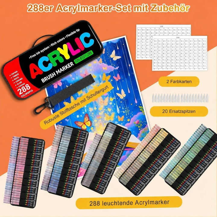 Laconile 288 Farben Acrylstifte Set – Acrylmarker mit Direct Liquid Design, CD-Tasche zum einfachen