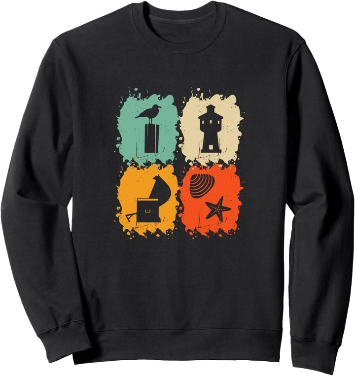 Langeoog Wasserturm, Möwe, Strandkorb, Muschel, Seestern Sweatshirt
