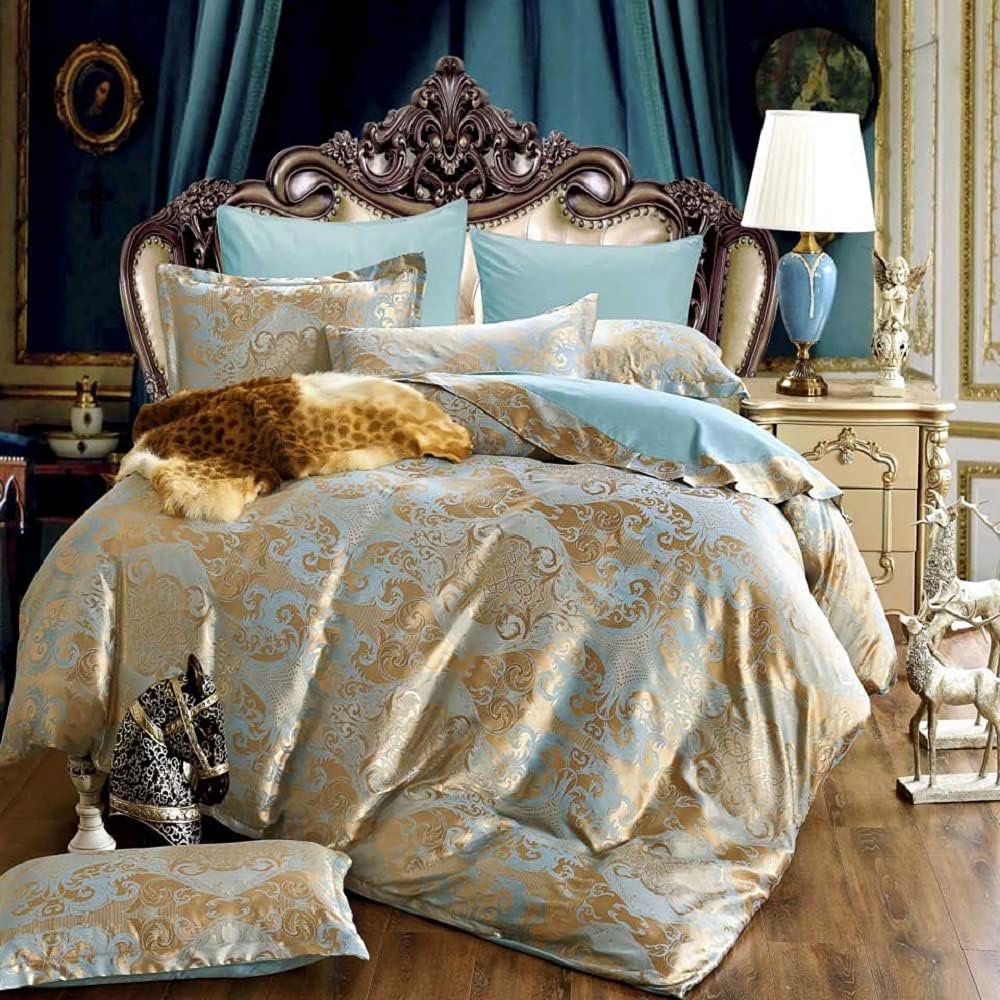 DXHOME Bettwäsche 135x200 cm Gold Blau Seide Satin Bettbezug Set 2teilig Glatt Glänzend Wendebettwäs