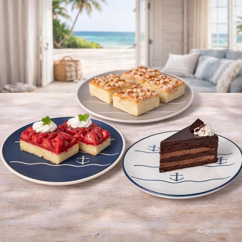 MamboCat 6er Dessertteller Anker I 2X weiss, 2X beige, 2X blau I Keramik mit Ankermotiv I Ø 20,3 cm