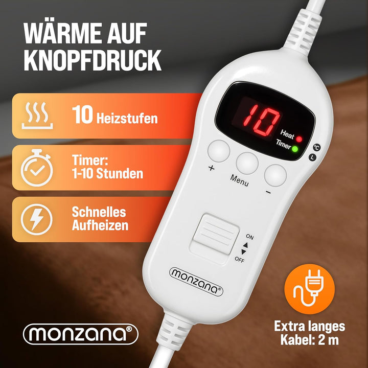 Monzana® Elektrische Heizdecke 180x130cm 120W 10 Heizstufen 10h Timer Abschaltautomatik Überhitzungs
