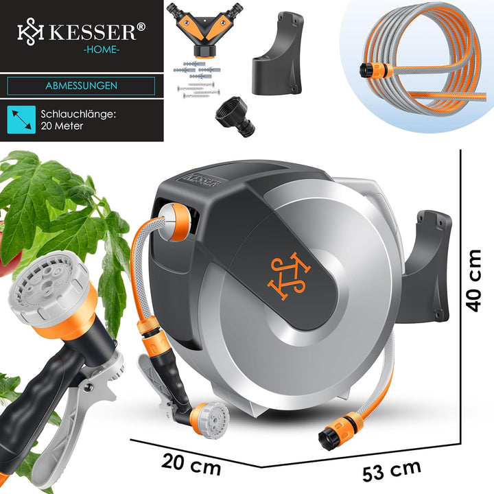 KESSER® Schlauchtrommel mit Gartenschlauch 20m | Wasserschlauchtrommel zur Wandmontage | Wandhalteru