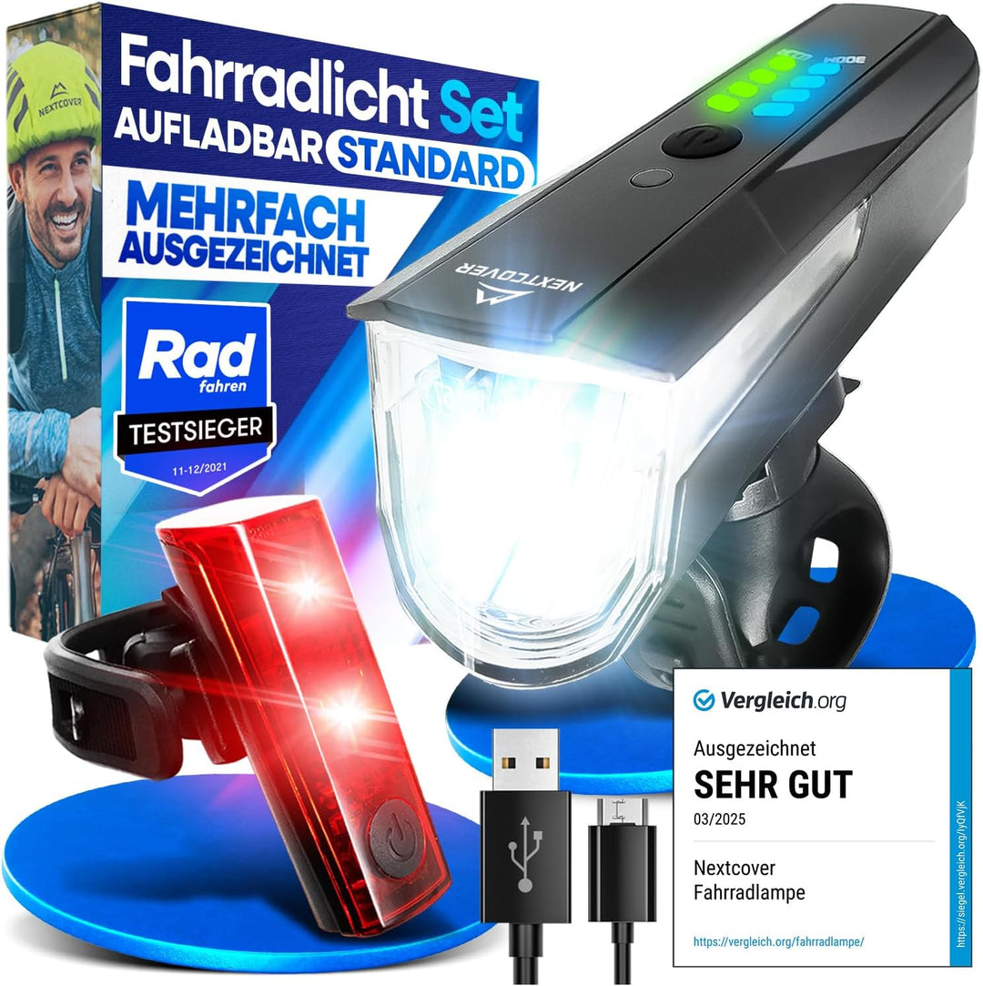 NEXTCOVER® Fahrradlicht Set mit [LightSense] Sensor & 11h Akkulaufzeit I USB aufladbar & wasserdicht