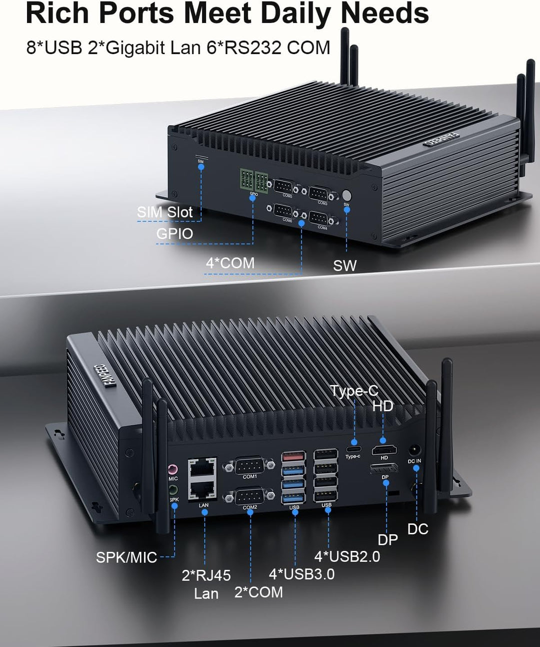 FANPEEC Industrial Mini PC Lüfterlos Core i5-10210U, Fanless PC 32GB DDR4 RAM 1TB SSD, Lüfterlose In