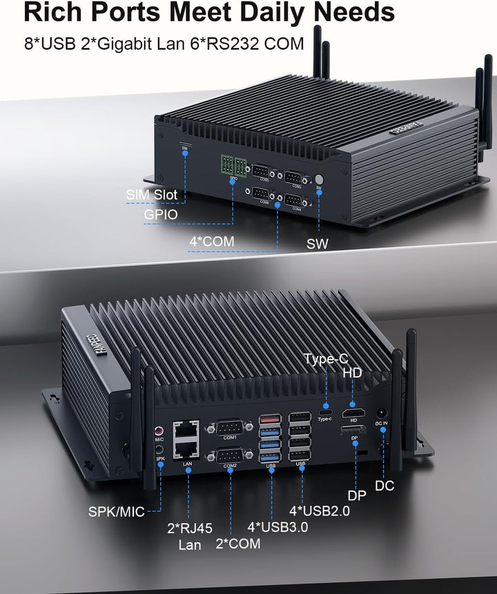 FANPEEC Industrial Mini PC Lüfterlos Core i5-10210U, Fanless PC 32GB DDR4 RAM 1TB SSD, Lüfterlose In