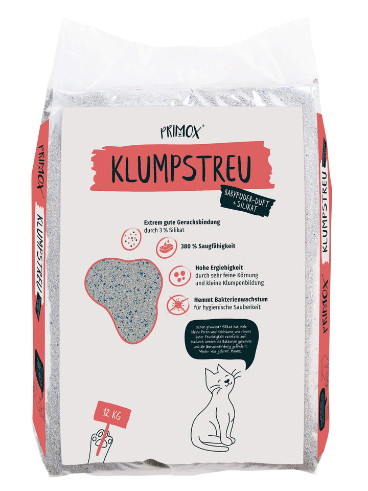 PRIMOX® Katzenstreu mit Babypuder-Duft + 3% Silikat | 380% Saugfähigkeit I Optimale Geruchsbindung |