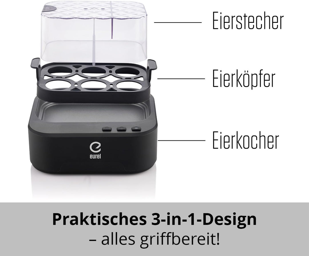 EUREL KJ42 Eierkocher 6 Eier – Automatischer Eierkocher mit Sprachfunktion, Ein-Knopf-Bedienung & Ab