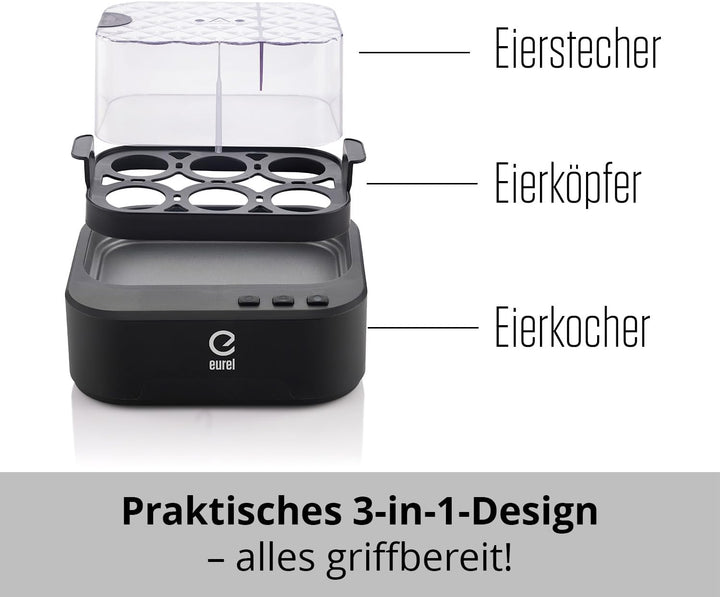 EUREL KJ42 Eierkocher 6 Eier – Automatischer Eierkocher mit Sprachfunktion, Ein-Knopf-Bedienung & Ab